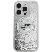 Karl Lagerfeld Liquid Glitter Karl and Choupette Heads Cover z MagSafe za iPhone 16 Pro - srebrn