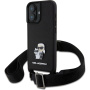 Karl Lagerfeld Saffiano Crossbody Metal Karl and Choupette etui z nastavljivim paščkom za iPhone 16 Plus - črn