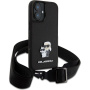 Karl Lagerfeld Saffiano Crossbody Metal Karl and Choupette etui z nastavljivim paščkom za iPhone 16 Plus - črn