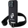 Karl Lagerfeld Saffiano Crossbody Metal Karl and Choupette etui z nastavljivim paščkom za iPhone 16 Pro - črn
