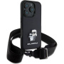 Karl Lagerfeld Saffiano Crossbody Metal Karl and Choupette etui z nastavljivim paščkom za iPhone 16 Pro - črn