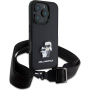 Karl Lagerfeld Saffiano Crossbody Metal Karl and Choupette etui z nastavljivim paščkom za iPhone 16 Pro Max - črn