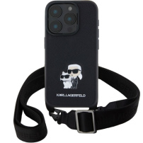 Karl Lagerfeld Saffiano Crossbody Metal Karl and Choupette etui z nastavljivim paščkom za iPhone 16 Pro Max - črn