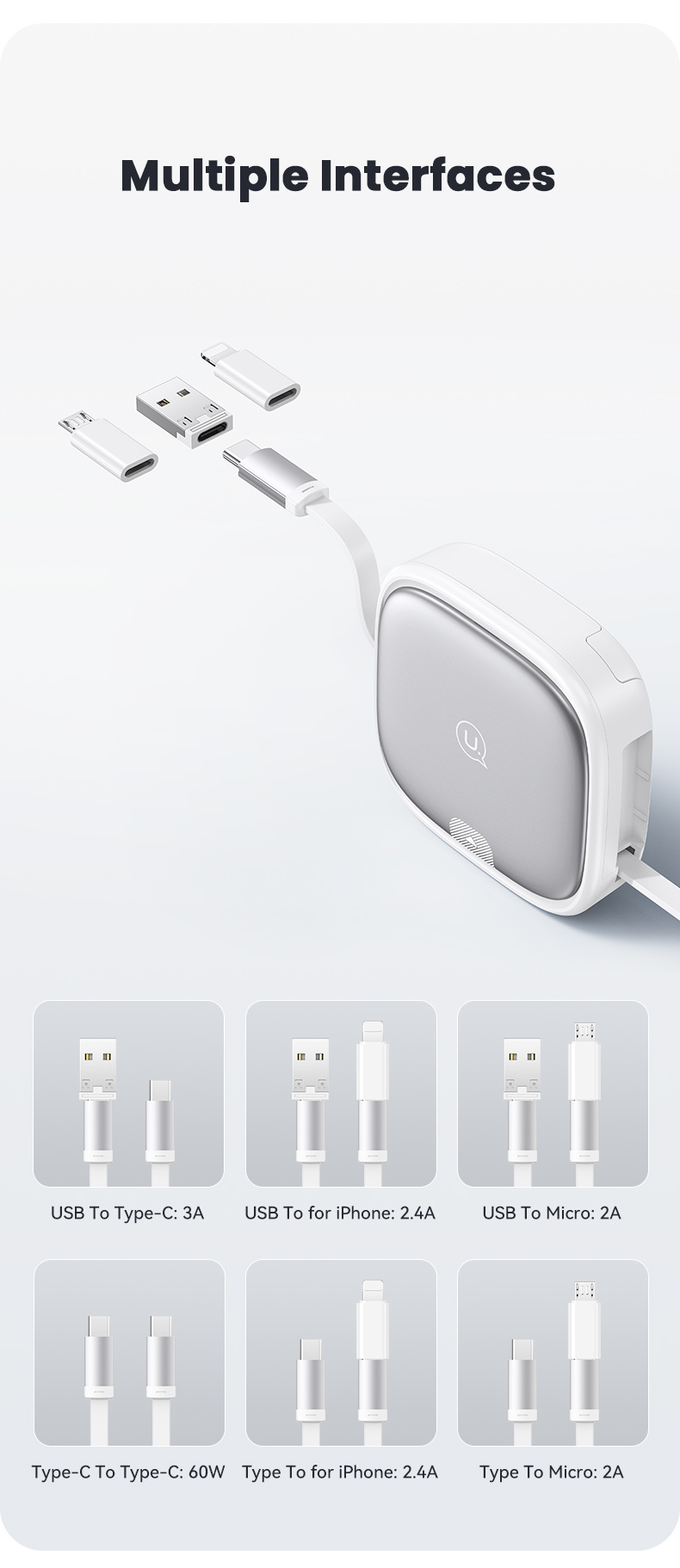 USAMS Komplet US-SJ650 z izvlečnimi USB-C kabli, adapterji in iglo - črn