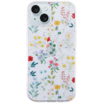 Bleščeč prozoren ovitek za iPhone 15 - cvetoči travnik