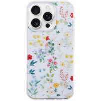 Bleščeč prozoren ovitek za iPhone 16 Pro - cvetoči travnik