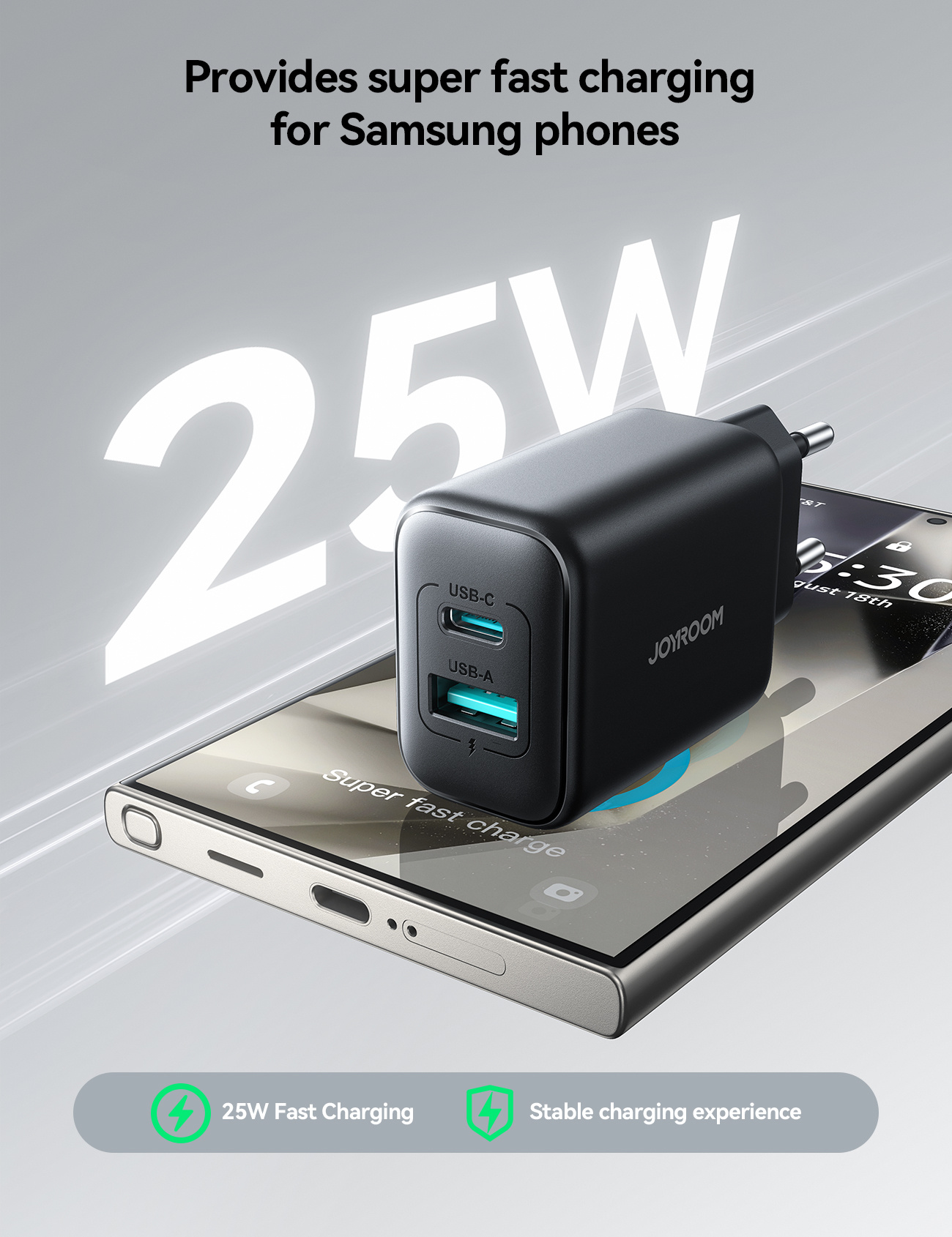 JOYROOM JR-TCF13 hitri polnilni adapter z USB-C / USB-A priključki - 25W - črn