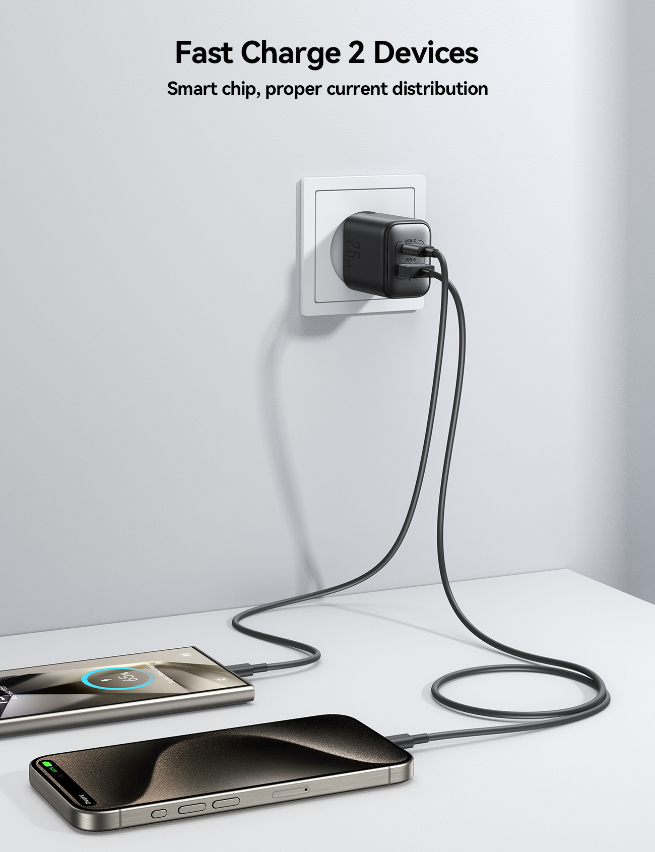 JOYROOM JR-TCF13 hitri polnilni adapter z USB-C / USB-A priključki - 25W - črn