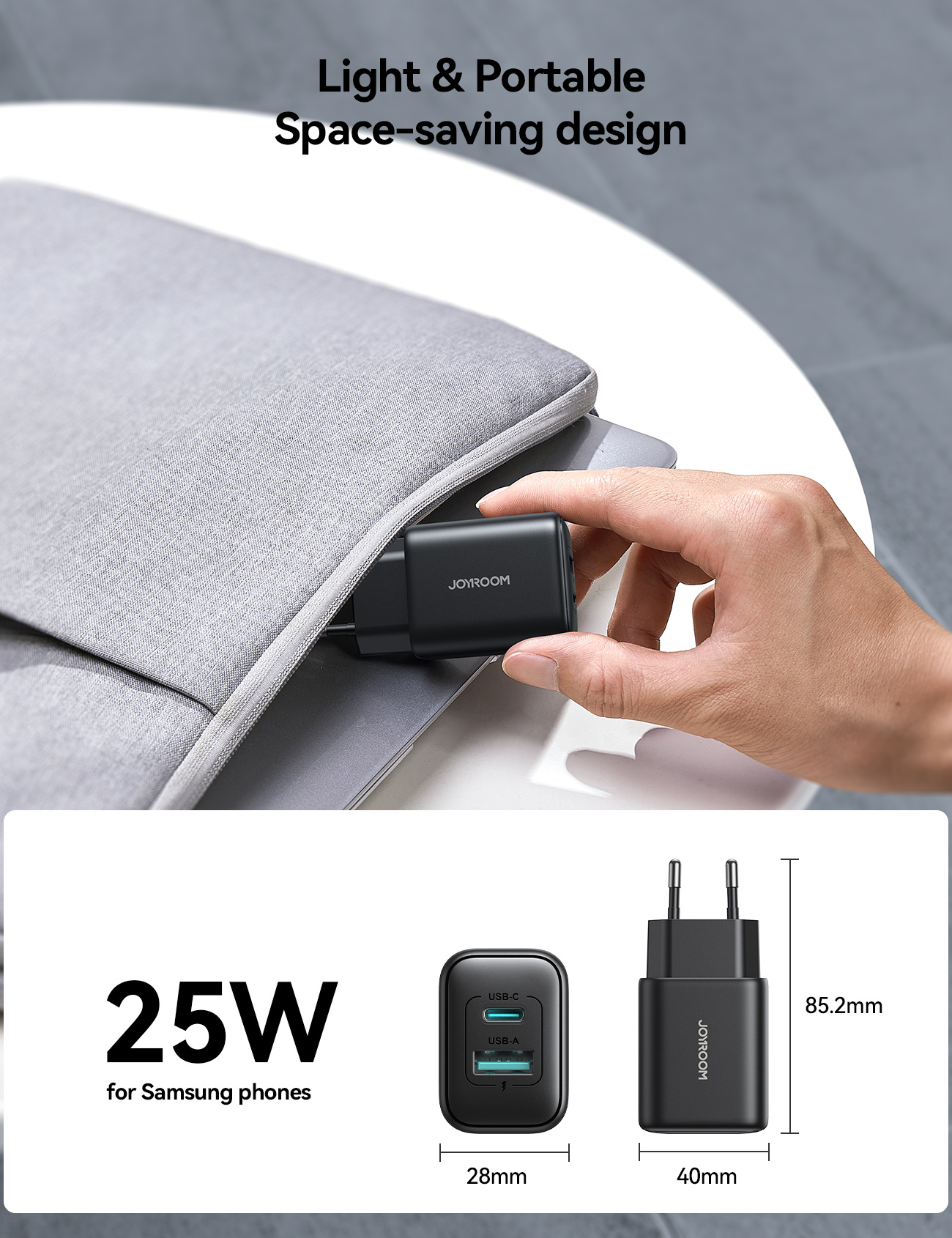JOYROOM JR-TCF13 hitri polnilni adapter z USB-C / USB-A priključki - 25W - črn