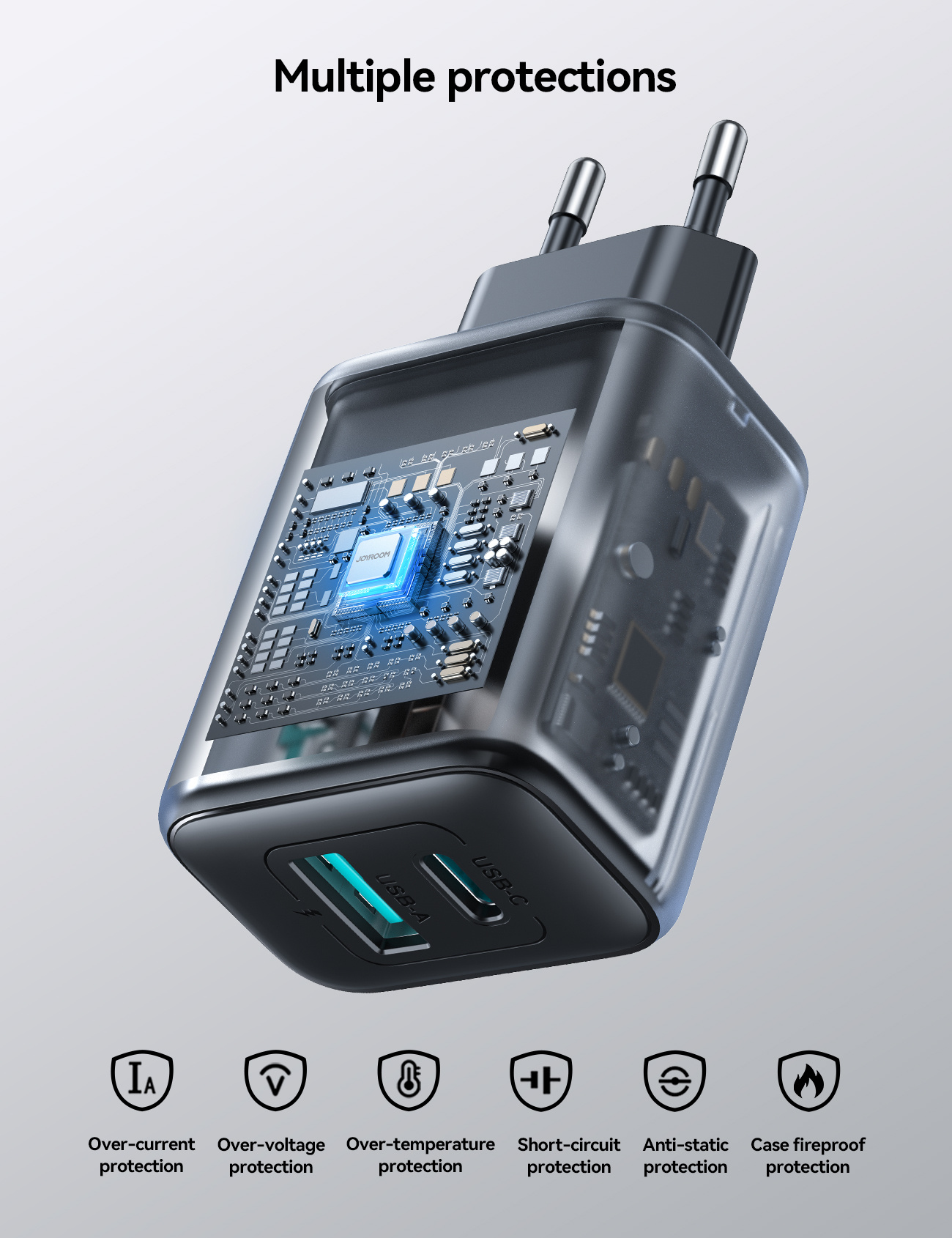 JOYROOM JR-TCF13 hitri polnilni adapter z USB-C / USB-A priključki - 25W - črn