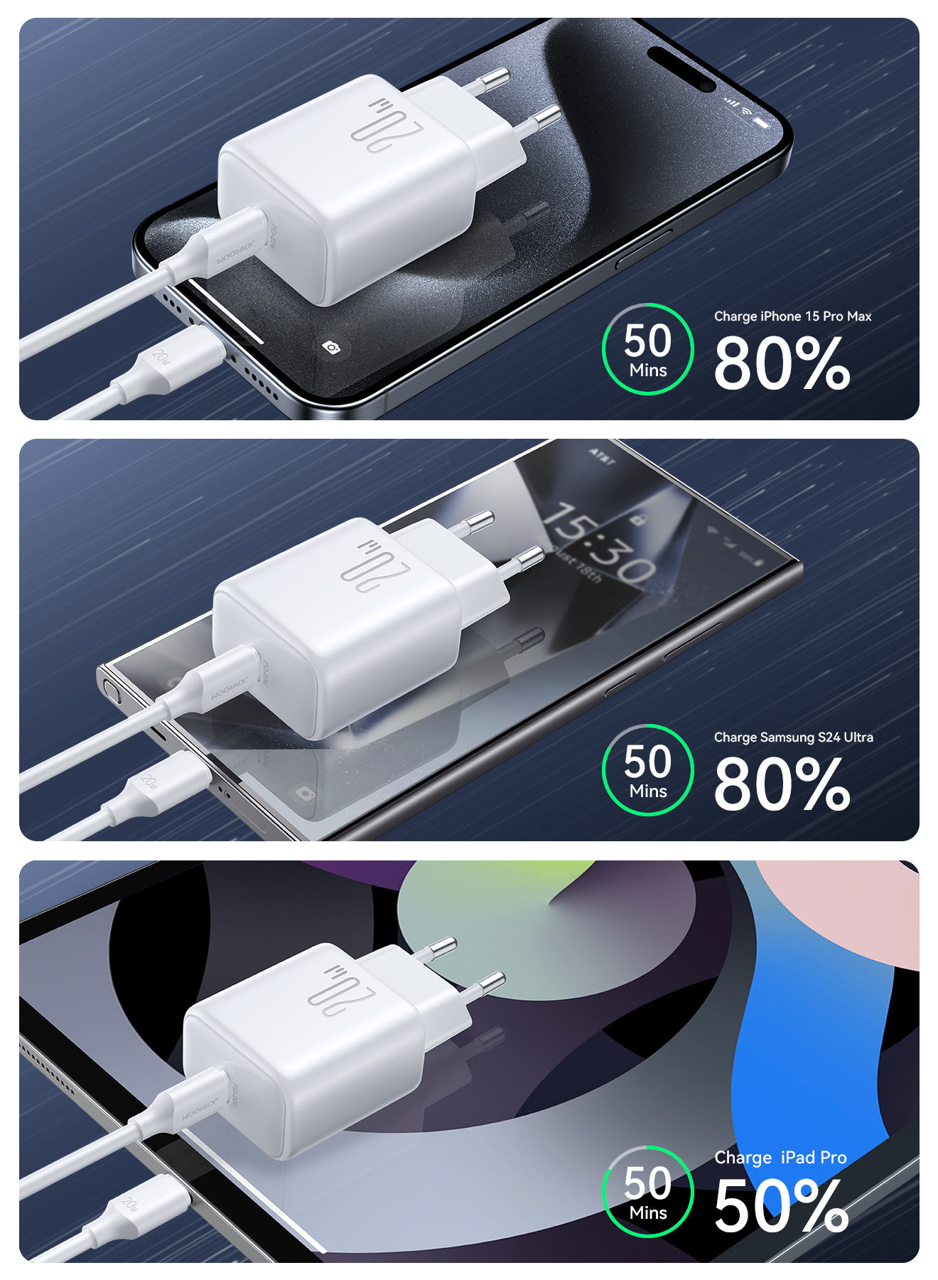 JOYROOM JR-TCF20 komplet hitrega polnilnika z adapterjem z USB-C priključkom in USB-C na USB-C kabel - 20W - 1 m - bela