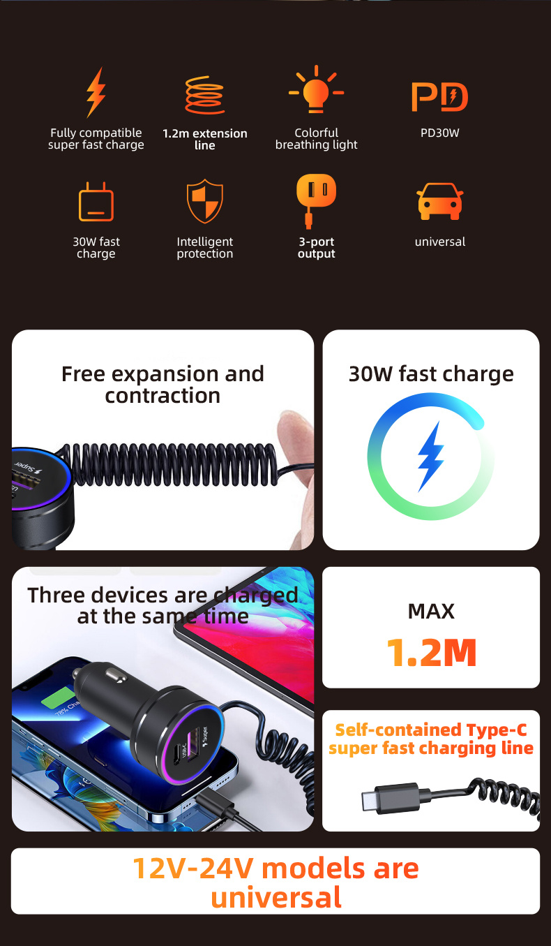 K16A komplet avto polnilnika z USB-C / USB-A priključki in USB-C kabla - 30W - 1,2 m - črna