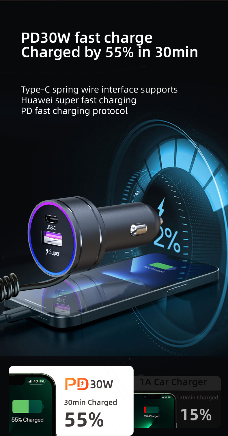 K16A komplet avto polnilnika z USB-C / USB-A priključki in USB-C kabla - 30W - 1,2 m - črna