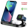 Swissten 2v1 brezžični podstavek za iPhone / AirPods s prostorom za polnilec za Apple Watch - 15W - črn