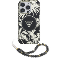Guess IML Palm Trees Triangle Logo Pearl Strap ovitek z vrvico in MagSafe za iPhone 16 Pro - črn