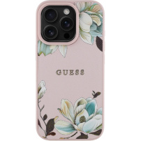 Guess Grained Magnolia ovitek z vzorcem rož in MagSafe za iPhone 16 Pro - roza