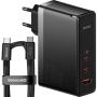 Baseus GaN5 Pro komplet za hitro polnjenje adapterja z 2x USB-C / USB-A priključki in USB-C na USB-C kabel - 140W - 1 m - črn