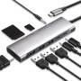 YME68 9-v-1 hub – reža za kartico SD / TF / HDMI / 3,5 mm priključek / 2x USB-C / 3x USB-A na USB-C za MacBook – siv