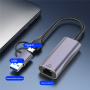 T30B 2-v-1 ethernetni adapter - RJ45 na USB-C / USB-A - siv