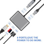 FX-1815B 8-v-1 hub – reža za kartico TF / HDMI / VGA / 3,5 mm priključek / USB-C / 3x USB-A na USB-C za MacBook – siv