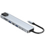 BYL-2017L 8v1 hub - reža za SD / TF kartico / RJ45 / HDMI / 2x USB-C / 2x USB-A na USB-C - siv