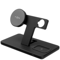 FIXED MagPowerstation 2v1 magnetický bezdrátový stojánek pro iPhone / AirPods s prostorem na nabíjecí kabel pro Apple Watch - 15W - černý