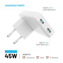 FIXED Slim Traveller GaN univerzalni potovalni adapter s priključki 2x USB-C in vtiči - 45W - bel