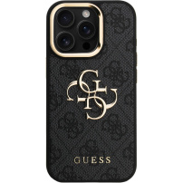 Guess 4G Metal Logo ovitek z zložljivim stojalom za iPhone 15 Pro - siv