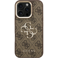 Guess 4G Metal Logo ovitek z zložljivim stojalom za iPhone 16 Pro - rjav