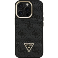 Guess 4G Strass Triangle Logo ovitek z zložljivim stojalom in MagSafe za iPhone 16 Pro Max - siv