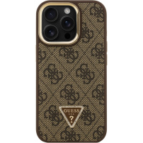 Guess 4G Strass Triangle Logo ovitek z zložljivim stojalom in MagSafe za iPhone 16 Pro Max - rjav