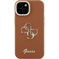 Guess Grained 4G Logo ovitek z zložljivim stojalom za iPhone 13 - rjav