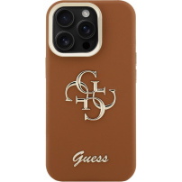 Guess Grained 4G Logo ovitek z zložljivim stojalom za iPhone 15 Pro - rjav