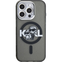 Karl Lagerfeld IML Glitter Karl and Choupette Sketch bleščeč pokrov z MagSafe za iPhone 15 Pro - siv