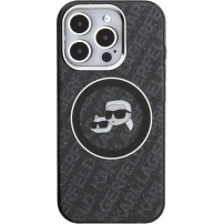 Karl Lagerfeld IML K&CH Heads Repeated Logo bleščeč pokrov z MagSafe za iPhone 15 Pro - črn