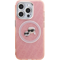 Karl Lagerfeld IML K&CH Heads Repeated Logo bleščeč pokrov z MagSafe za iPhone 15 Pro - roza