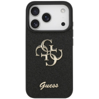 Guess Fixed Glitter 4G Metal Logo bleščeč ovitek za iPhone 17 Pro Max - črn