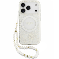 Guess IML Flowers Allover Strap ovitek z vrvico in MagSafe za iPhone 17 Pro - bel