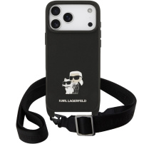 Karl Lagerfeld Saffiano Crossbody Metal Karl and Choupette ovitek z nastavljivim trakom za iPhone 17 Pro - črn