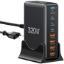 ESSAGER YMX-320W GaN hitri polnilni adapter s priključki 4x USB-C / 4x USB-A - 320W - črn