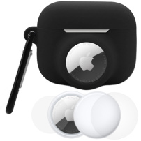 3v1 komplet silikonskega ovitka in zaščitne folije za sprednjo in zadnjo stran za AirPods Pro 3 / AirTag 1 / 2 - črna
