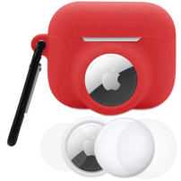 3v1 komplet silikonskega ovitka in zaščitne folije za sprednjo in zadnjo stran za AirPods Pro 3 / AirTag 1 / 2 - rdeča