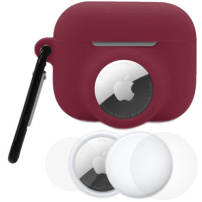 3v1 komplet silikonskega ovitka in zaščitne folije za sprednjo in zadnjo stran za AirPods Pro 3 / AirTag 1 / 2 - vinsko rdeča
