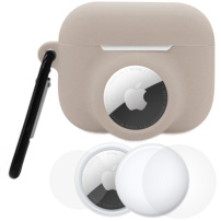 3v1 komplet silikonskega ovitka in zaščitne folije za sprednjo in zadnjo stran za AirPods Pro 3 / AirTag 1 / 2 - bež