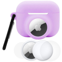 Komplet 3v1 silikonskega ovitka in zaščitne folije za sprednjo in zadnjo stran za AirPods Pro 3 / AirTag 1 / 2 - vijolična