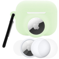 3v1 komplet silikonskega ovitka in zaščitne folije za sprednjo in zadnjo stran za AirPods Pro 3 / AirTag 1 / 2 - svetleče zelena