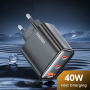 Toocki TCT40 hitri polnilni adapter z 2x USB-C / USB-A priključki - 40W - črn