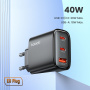 Toocki TCT40 hitri polnilni adapter z 2x USB-C / USB-A priključki - 40W - črn