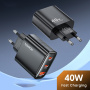Toocki TCT40 hitri polnilni adapter z 2x USB-C / USB-A priključki - 40W - črn