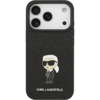 Karl Lagerfeld Fiksiran bleščeč kovinski Ikonik ovitek za iPhone 17 Pro - črn